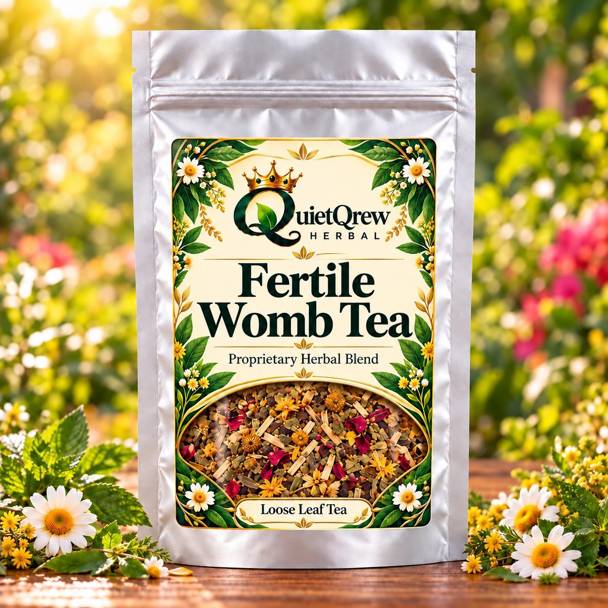 Fertile Womb Tea — QuietQrew Herbal silver pouch packaging
