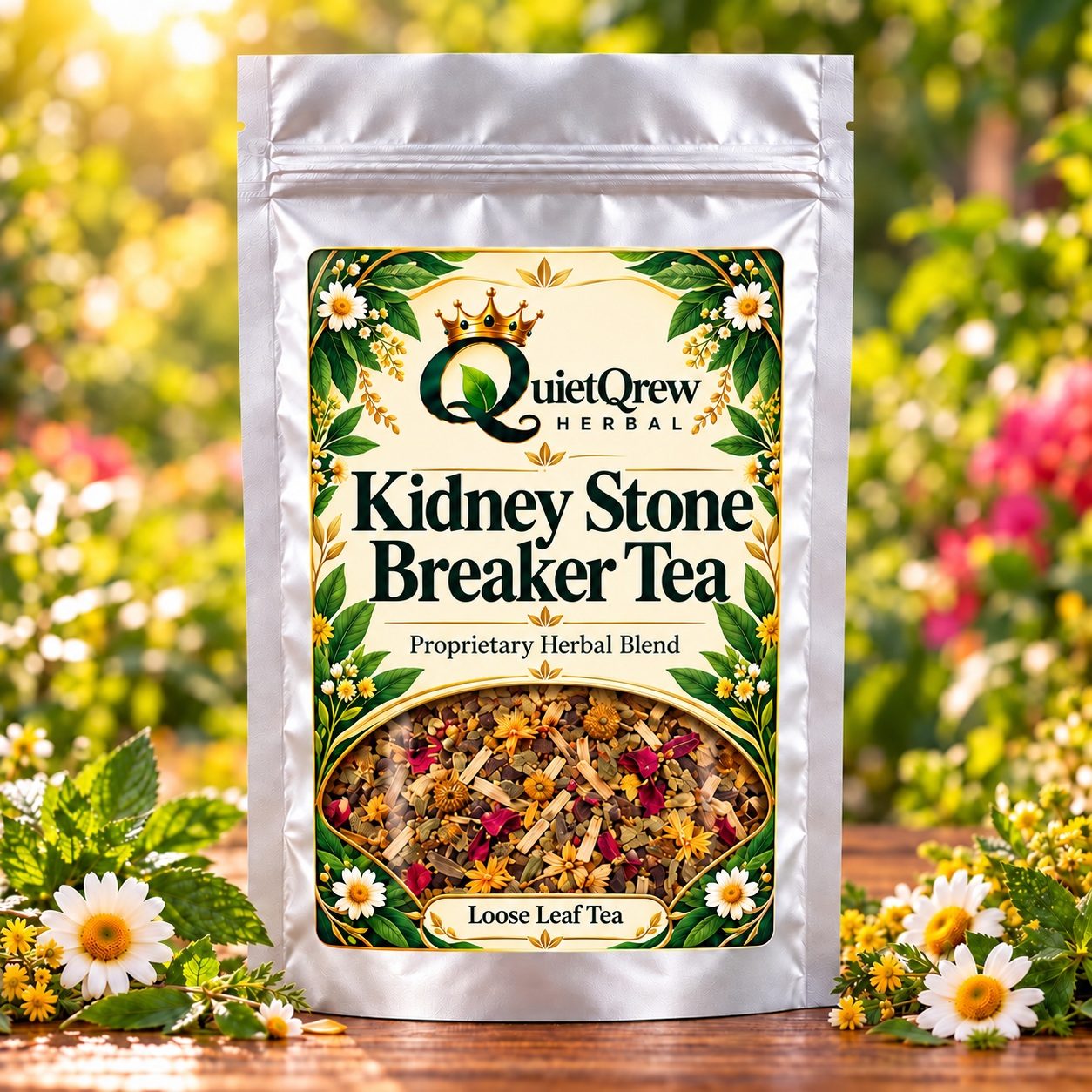 Kidney Stone Breaker Tea — QuietQrew Herbal silver pouch packaging