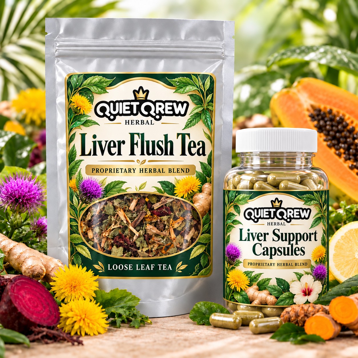 Liver Flush Tea and Support Capsules Package — QuietQrew Herbal packaging