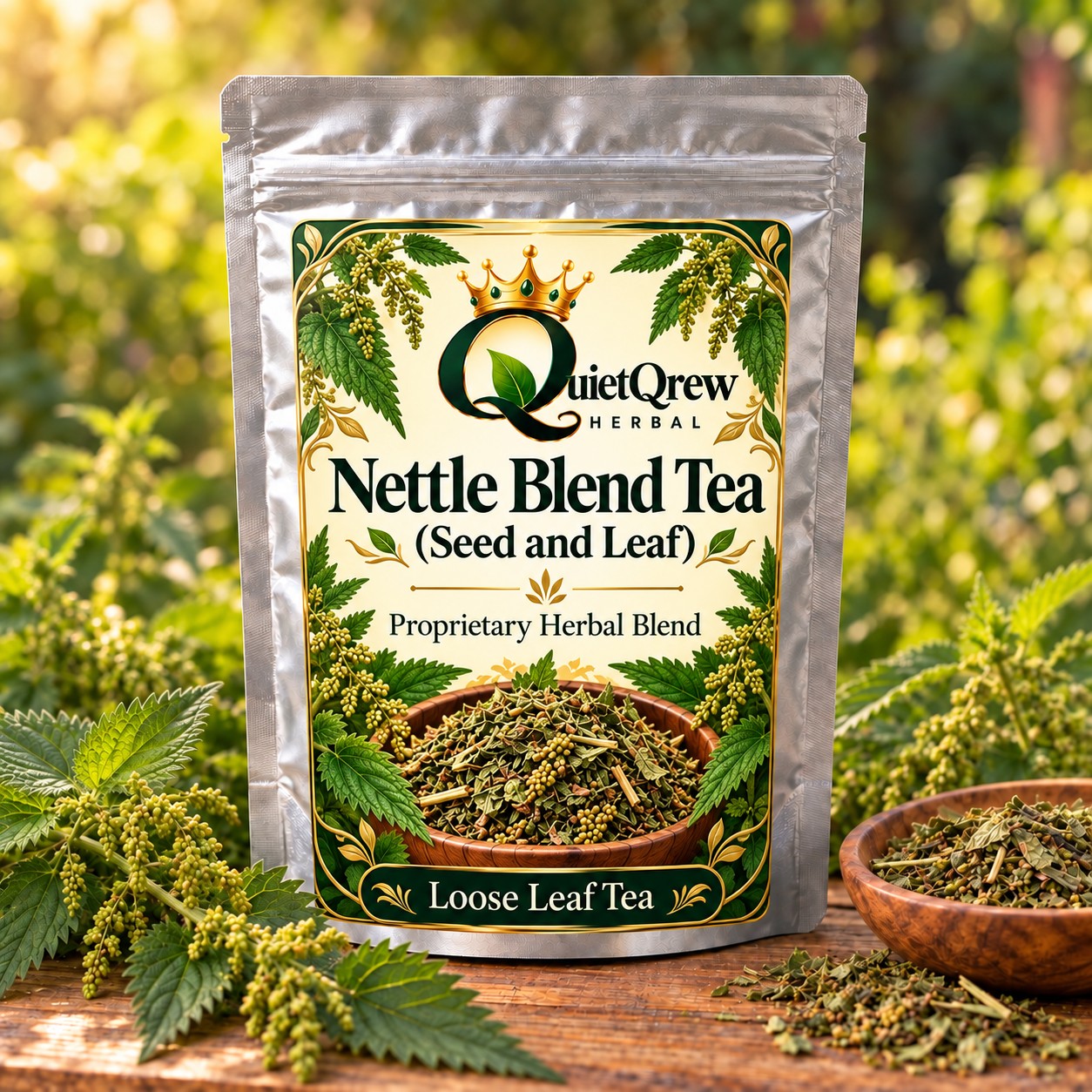 Nettle Tea Blend (Leaf and Seed) — QuietQrew Herbal silver pouch