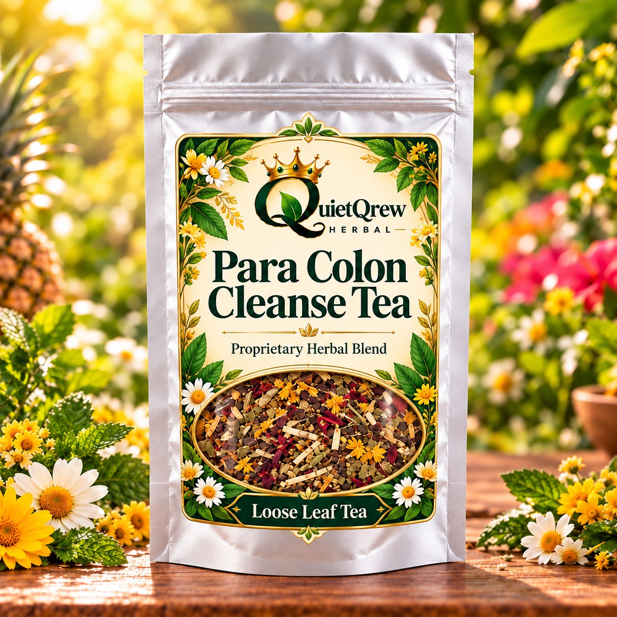 Para Colon Cleanse Tea — QuietQrew Herbal silver pouch packaging