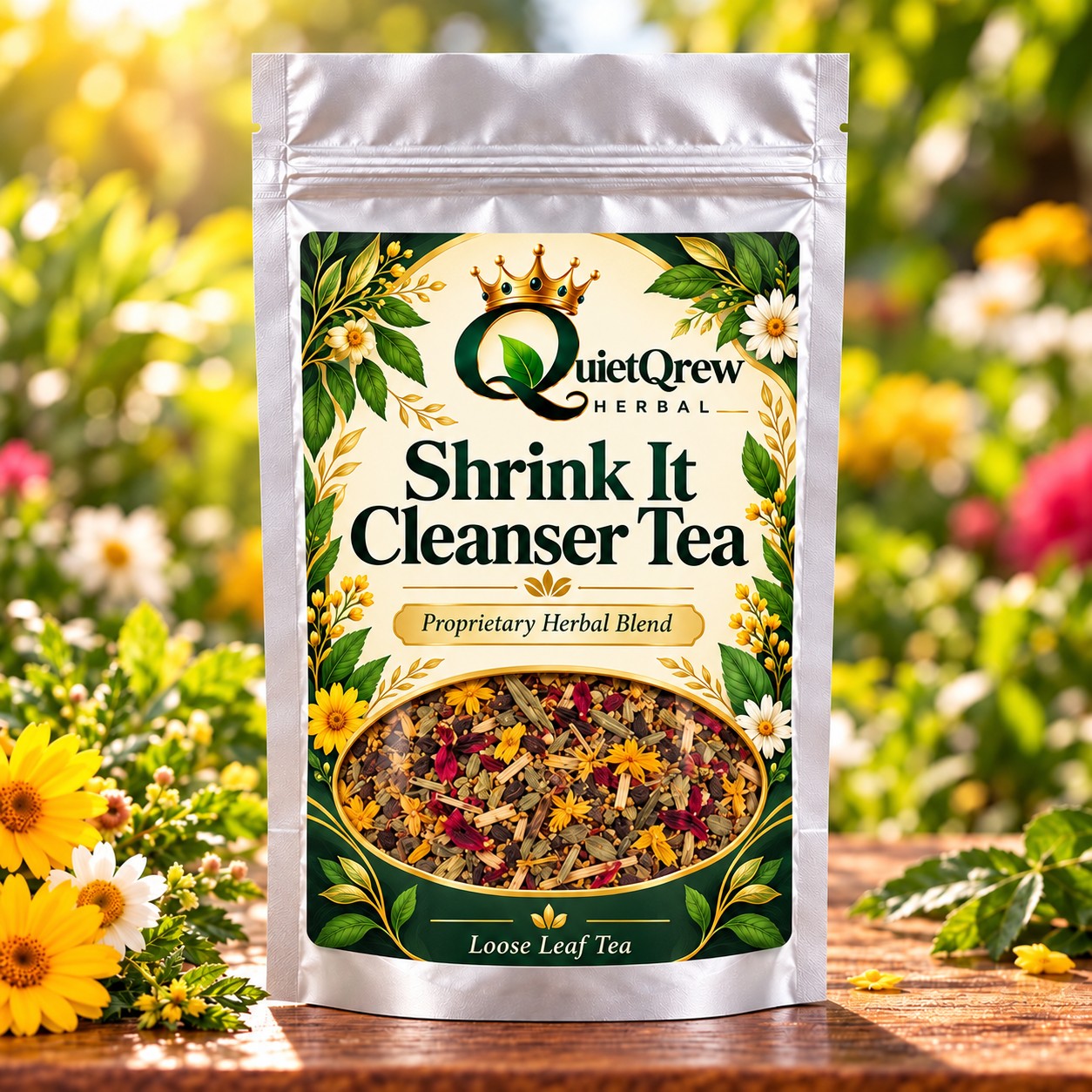 Shrink It Cleanser Tea — QuietQrew Herbal silver pouch packaging