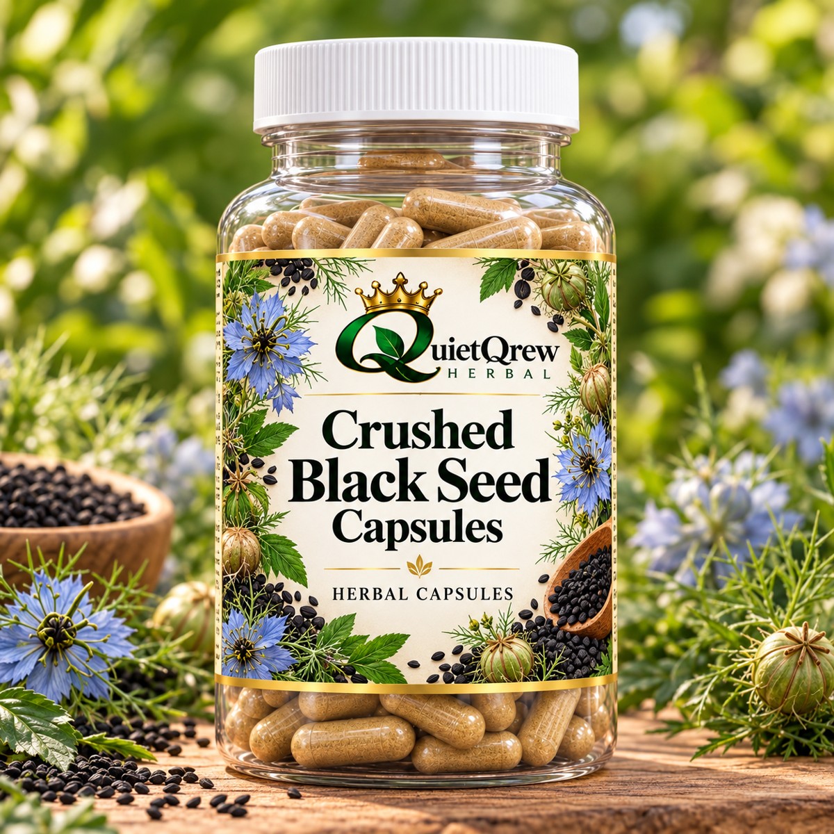 Crushed Black Seed (Nigella Sativa) Capsules 100% Pure & Natural — QuietQrew Herbal clear capsule bottle