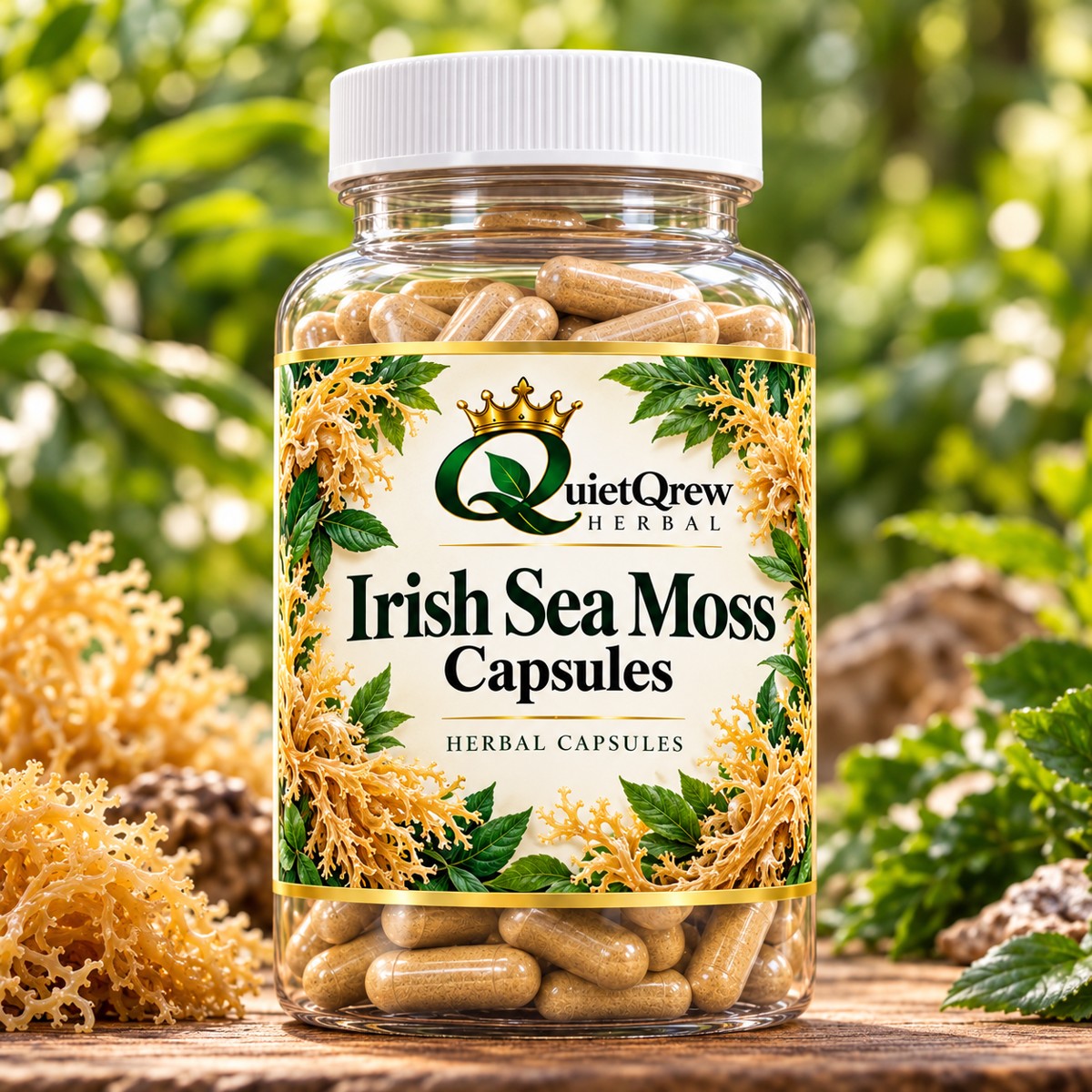 Irish Sea Moss Capsule 100% Powdered Organic Herb — QuietQrew Herbal clear capsule bottle