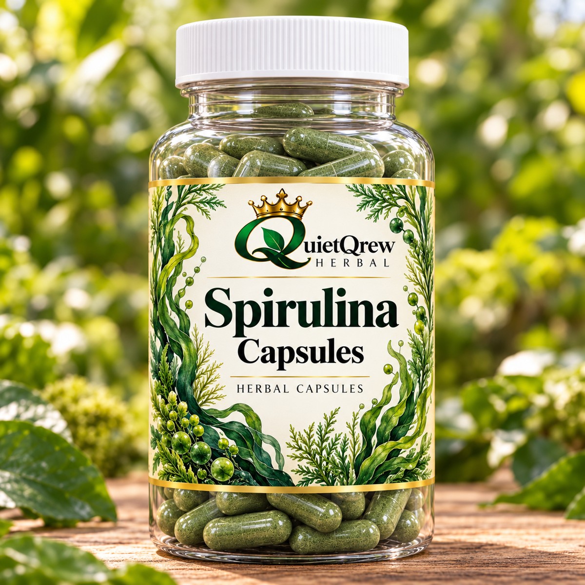 Spirulina Capsules 100% Organic — QuietQrew Herbal clear capsule bottle