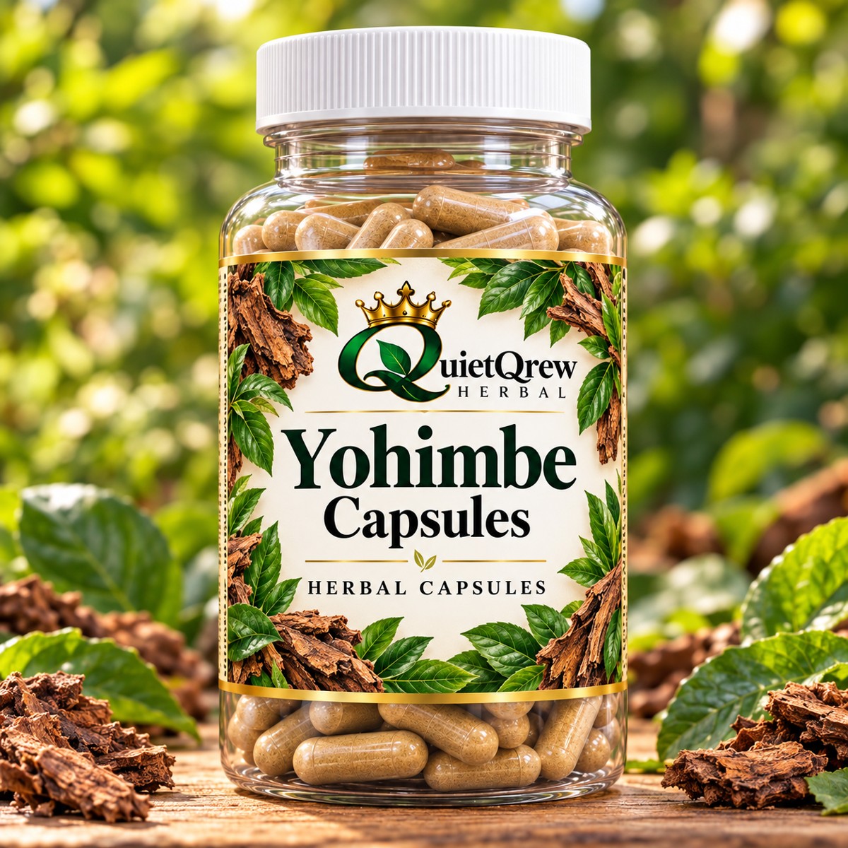 Yohimbe (Men’s Sexual Power) Herbal 500mg Capsules — QuietQrew Herbal clear capsule bottle