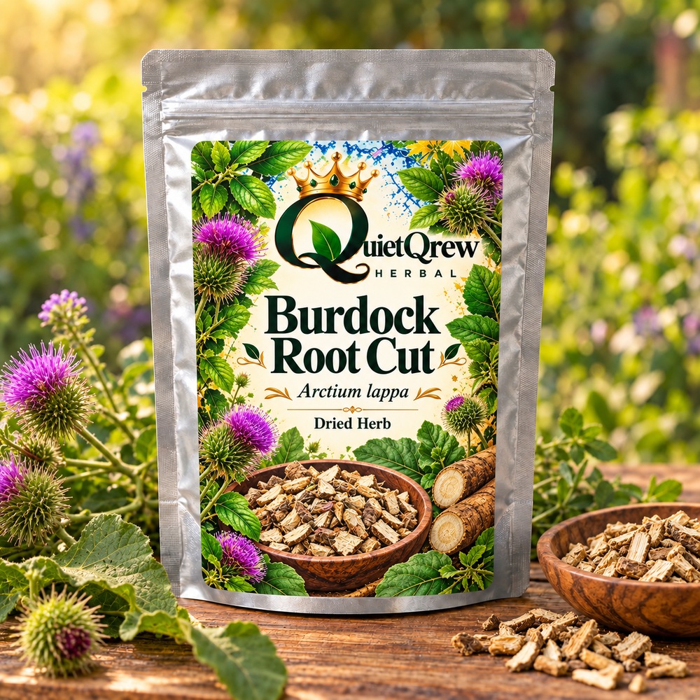 Burdock Root Cut — Arctium lappa — QuietQrew Herbal label