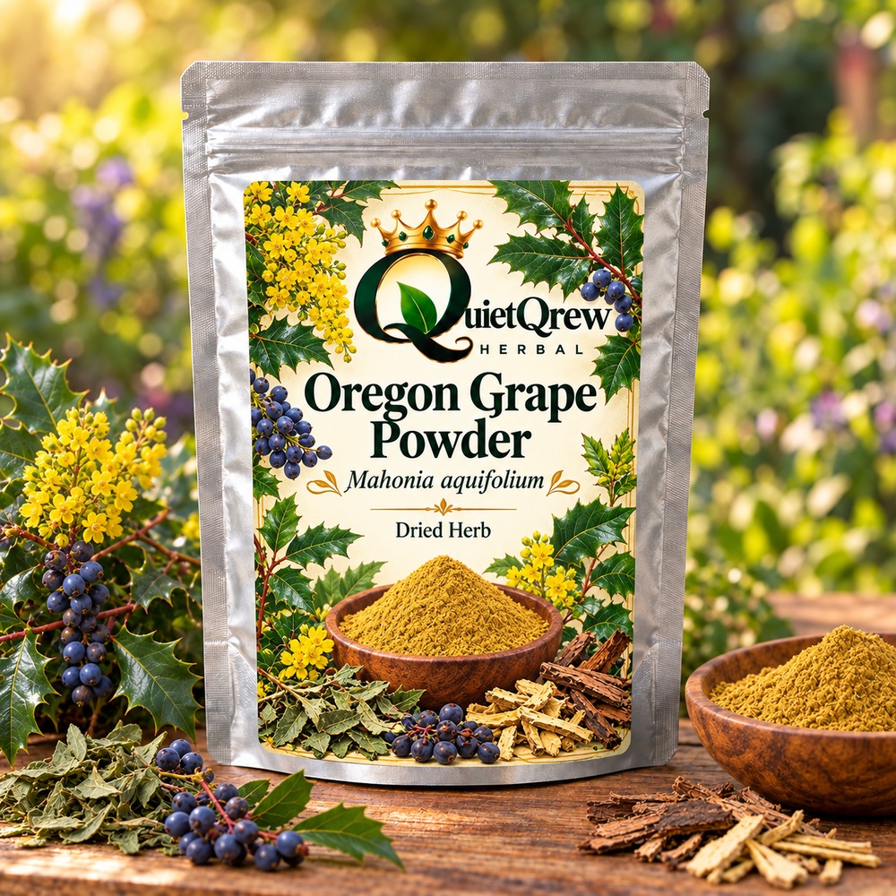 Oregon Grape Powder — Mahonia aquifolium — QuietQrew Herbal label