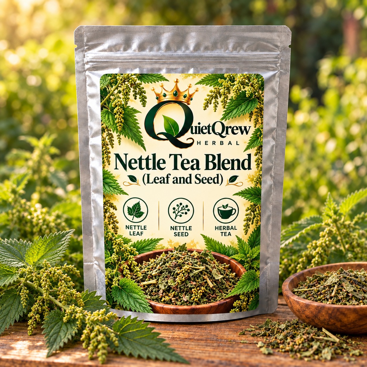 Nettle Tea Blend (Leaf and Seed) — QuietQrew Herbal silver pouch