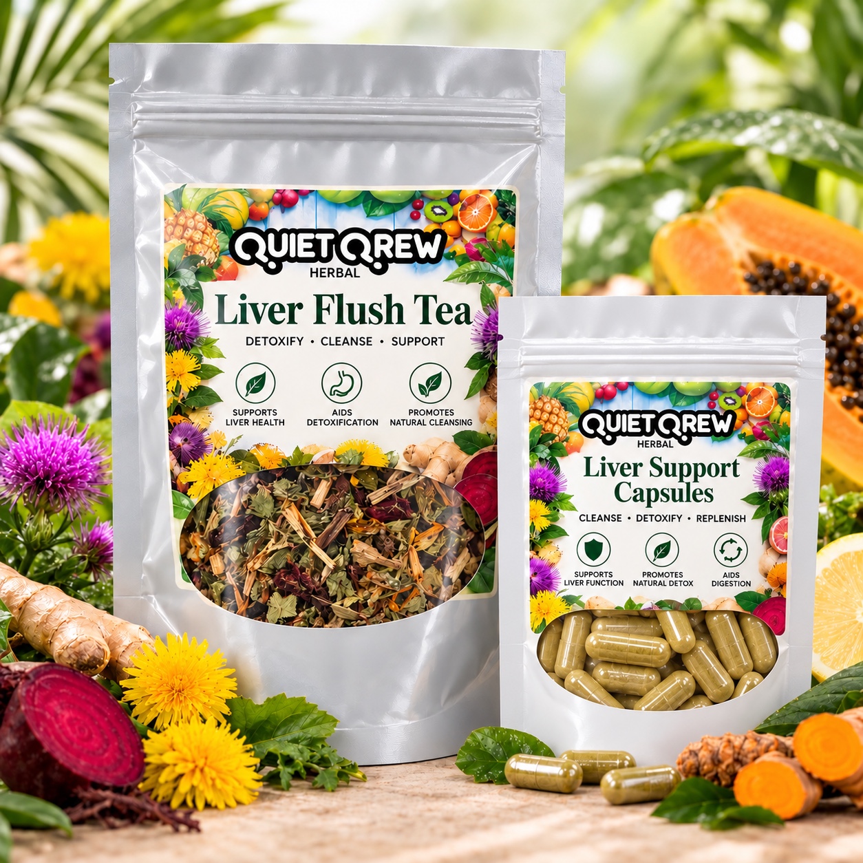 Liver Flush Tea and Support Capsules Package — QuietQrew Herbal packaging