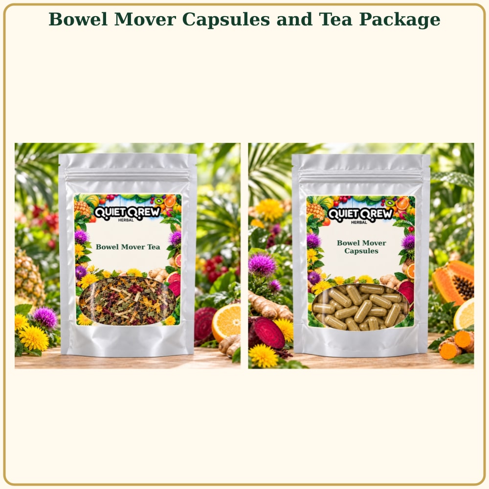 Bowel Mover Capsules and Tea Package — QuietQrew Herbal silver pouch packaging