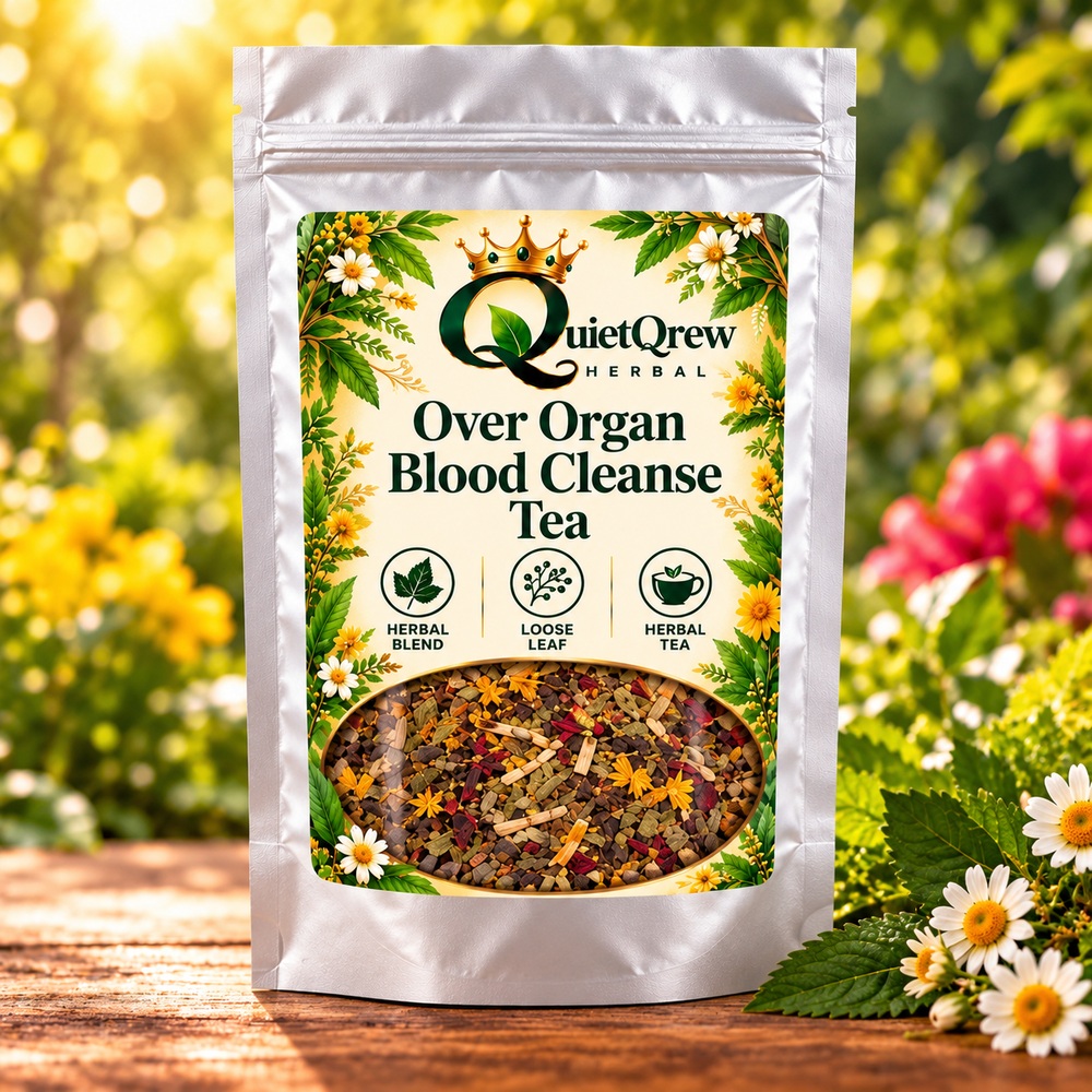 Over Organ Blood Cleanse Tea — QuietQrew Herbal silver pouch packaging