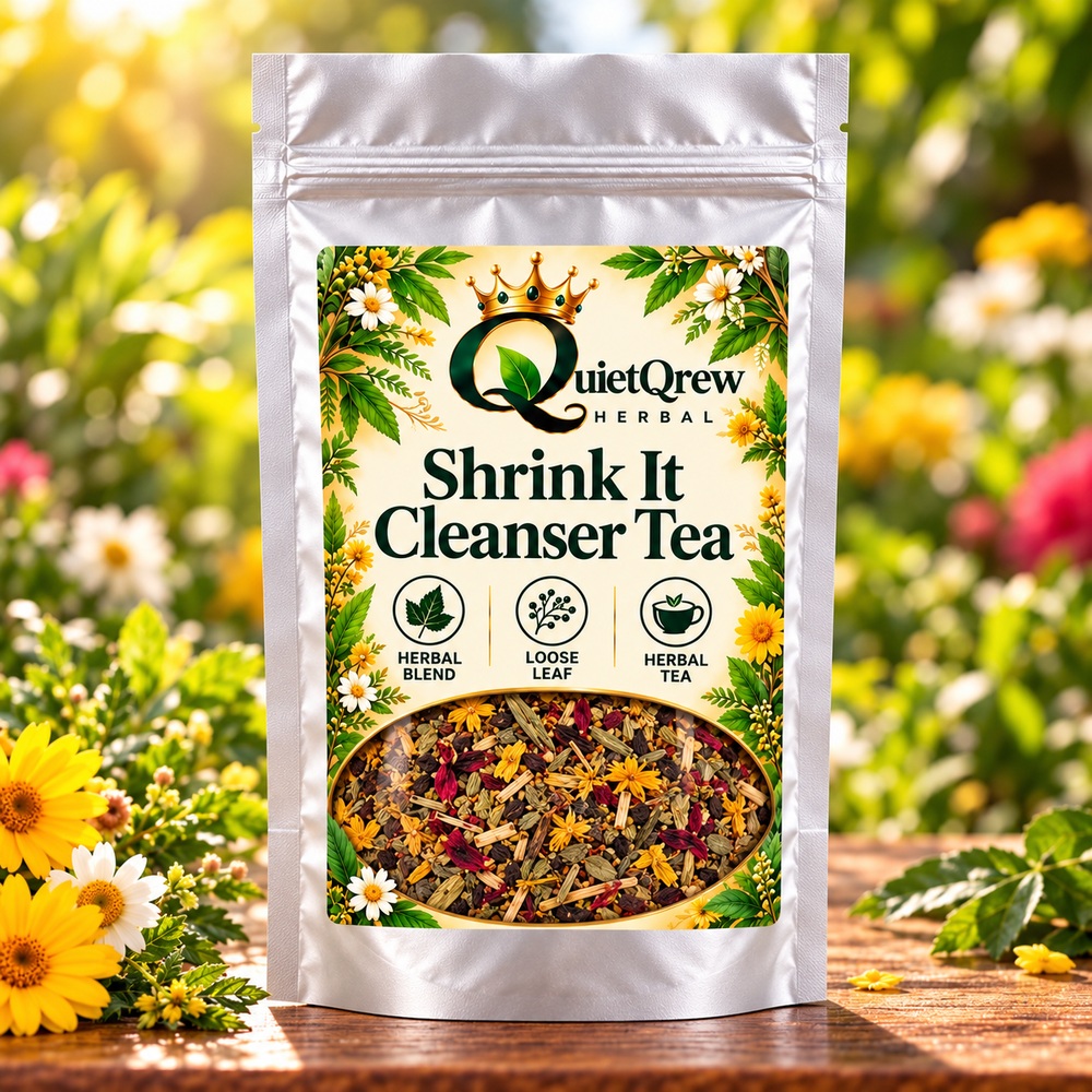 Shrink It Cleanser Tea — QuietQrew Herbal silver pouch packaging