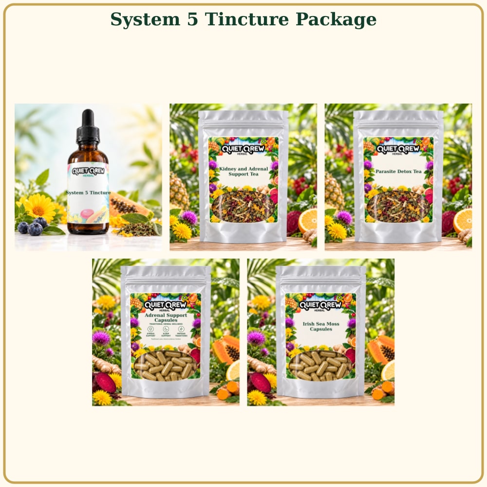 System 5 Tincture Package — QuietQrew Herbal silver pouch packaging