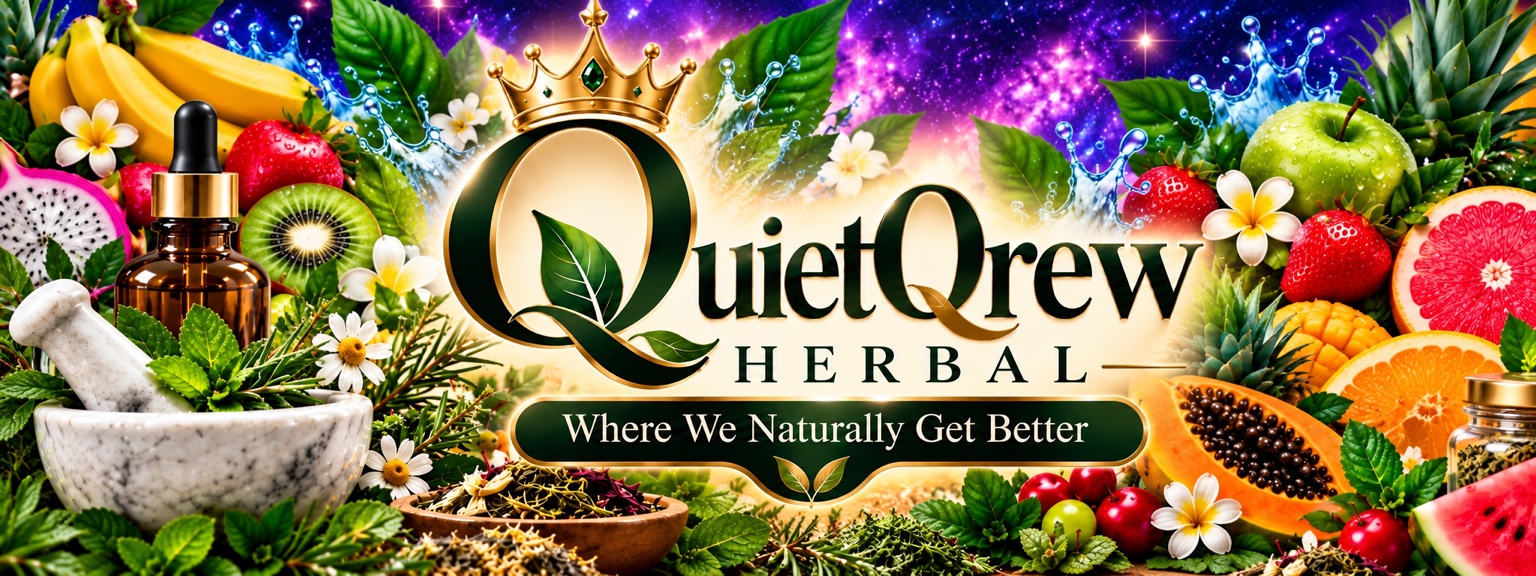 QuietQrew Herbal crowned botanical banner with fruit, herbs, flowers, gold accents and purple sparkles. Where We Naturally Get Better.